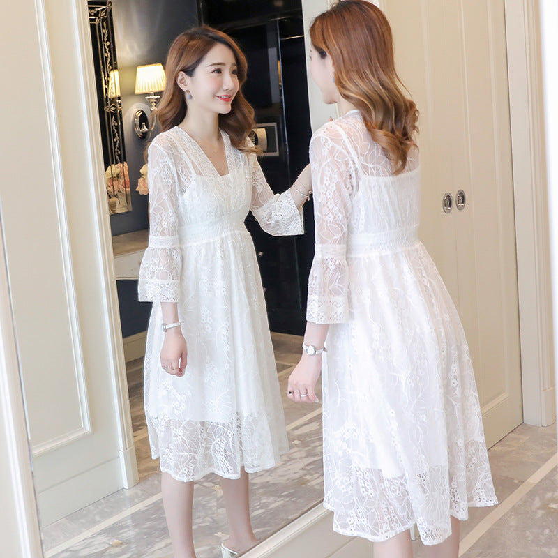 Two Piece Maternity Dress Lace Detail Elegant Outfit