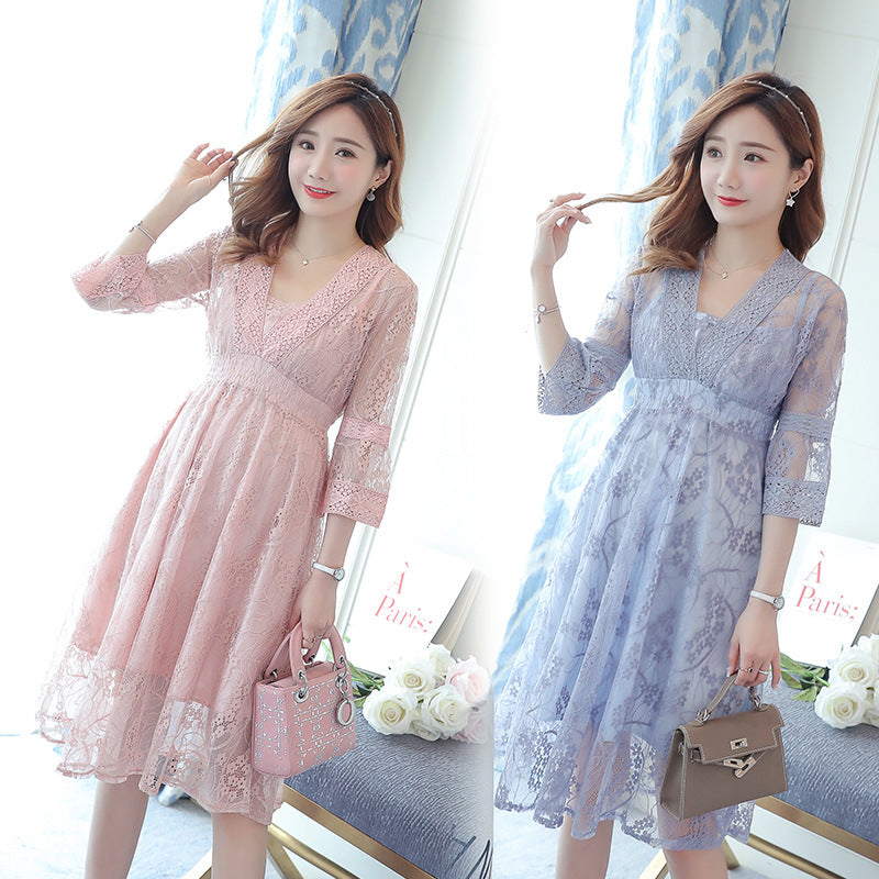 Two Piece Maternity Dress Lace Detail Elegant Outfit