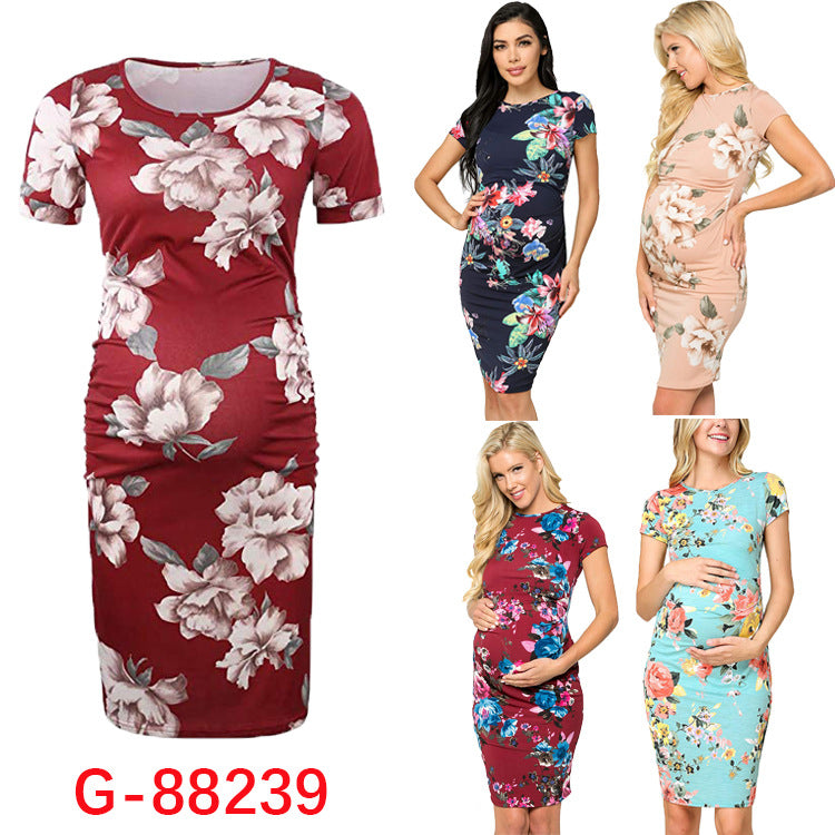 Printed Pleated Maternity Dress Casual Outfit