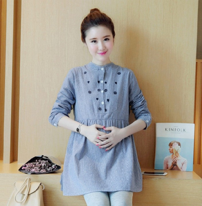 Striped Embroidered Stand Collar Maternity Top Dress