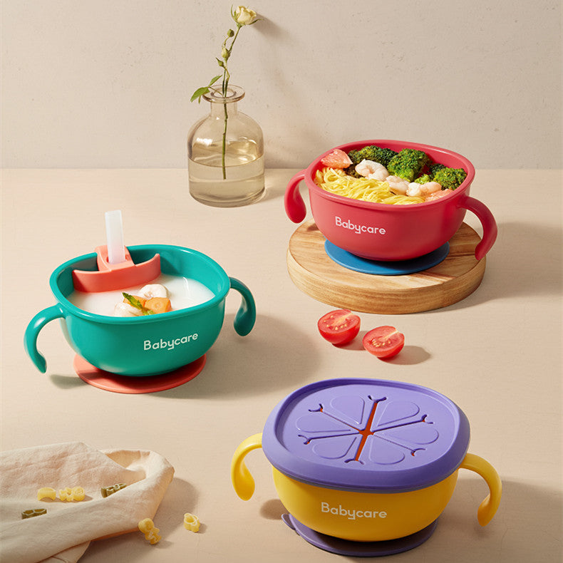 3 In 1 Baby Feeding Bowl With Straw Suction Handle Tableware