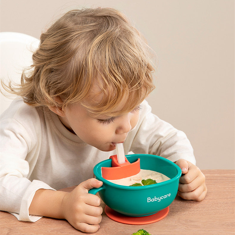 3 In 1 Baby Feeding Bowl With Straw Suction Handle Tableware
