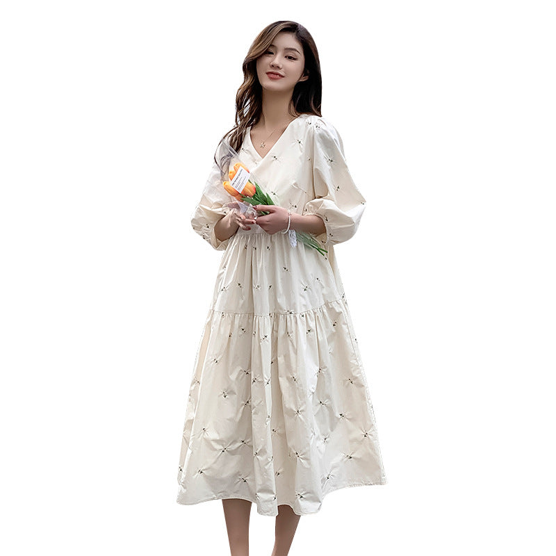 Summer Embroidered Mid Length High Waist Maternity Dress