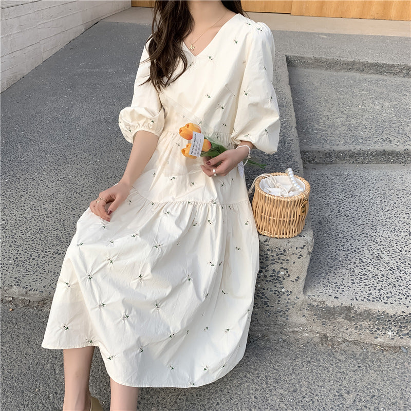 Summer Embroidered Mid Length High Waist Maternity Dress