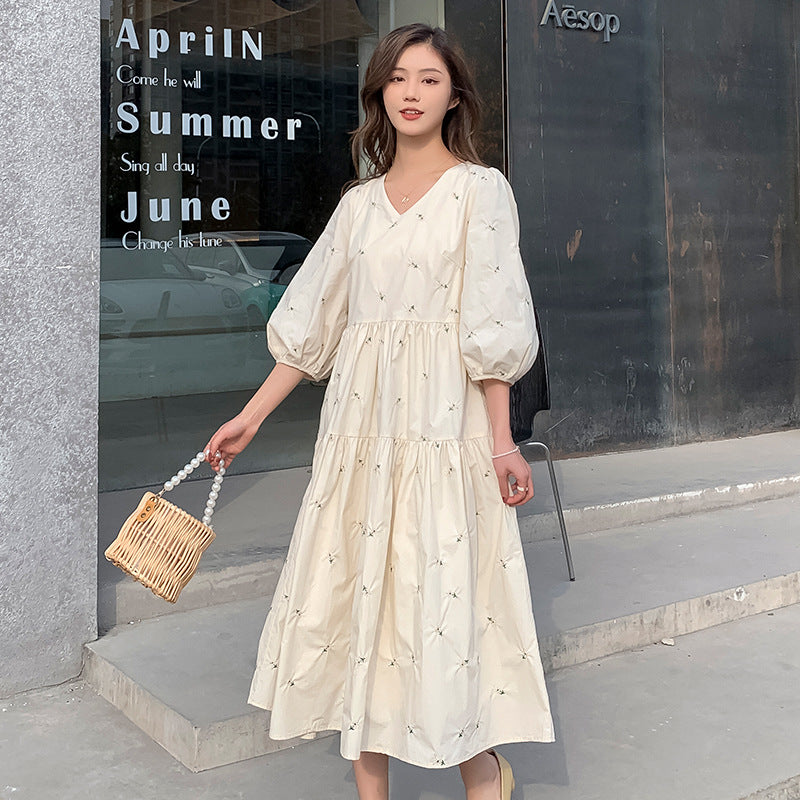 Summer Embroidered Mid Length High Waist Maternity Dress