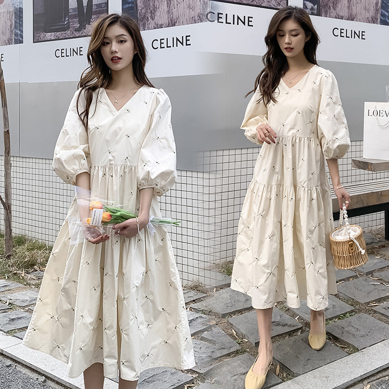 Summer Embroidered Mid Length High Waist Maternity Dress