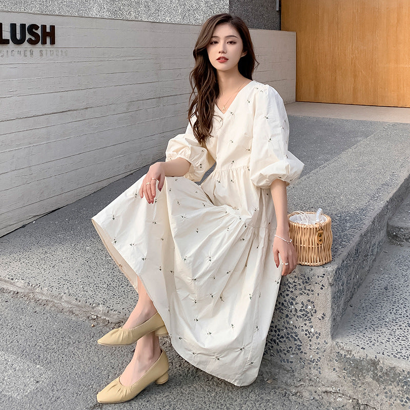 Summer Embroidered Mid Length High Waist Maternity Dress