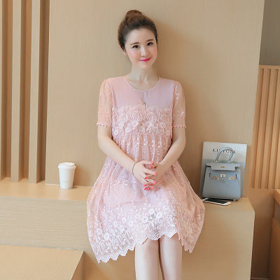 Summer Korean Lace Crochet Maternity Shirt Dress Long Outfit