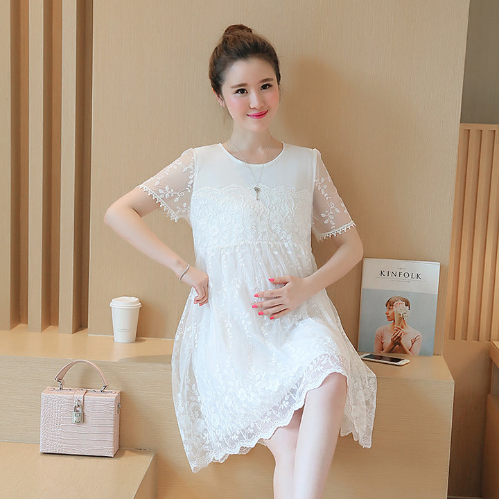Summer Korean Lace Crochet Maternity Shirt Dress Long Outfit