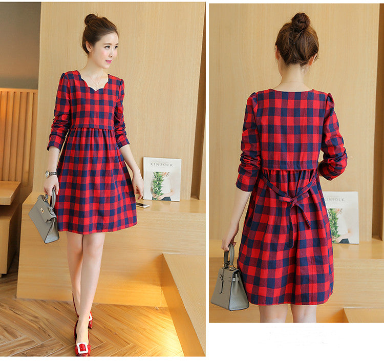 Cotton Plaid Mid Length Maternity Dress Casual Outfit