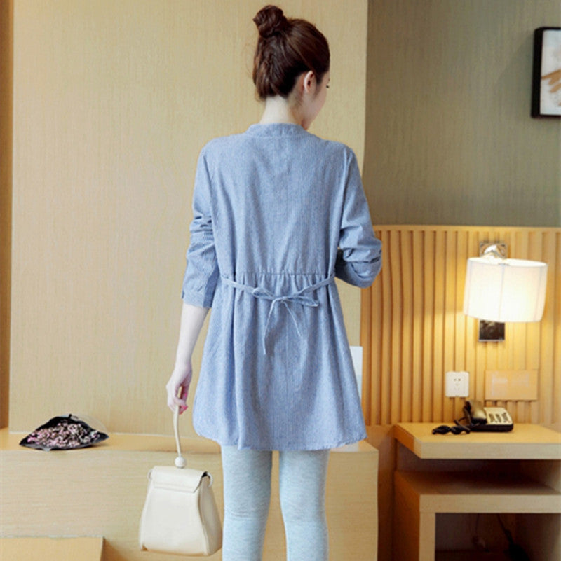Striped Embroidered Stand Collar Maternity Top Dress