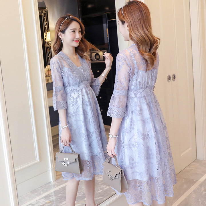 Two Piece Maternity Dress Lace Detail Elegant Outfit