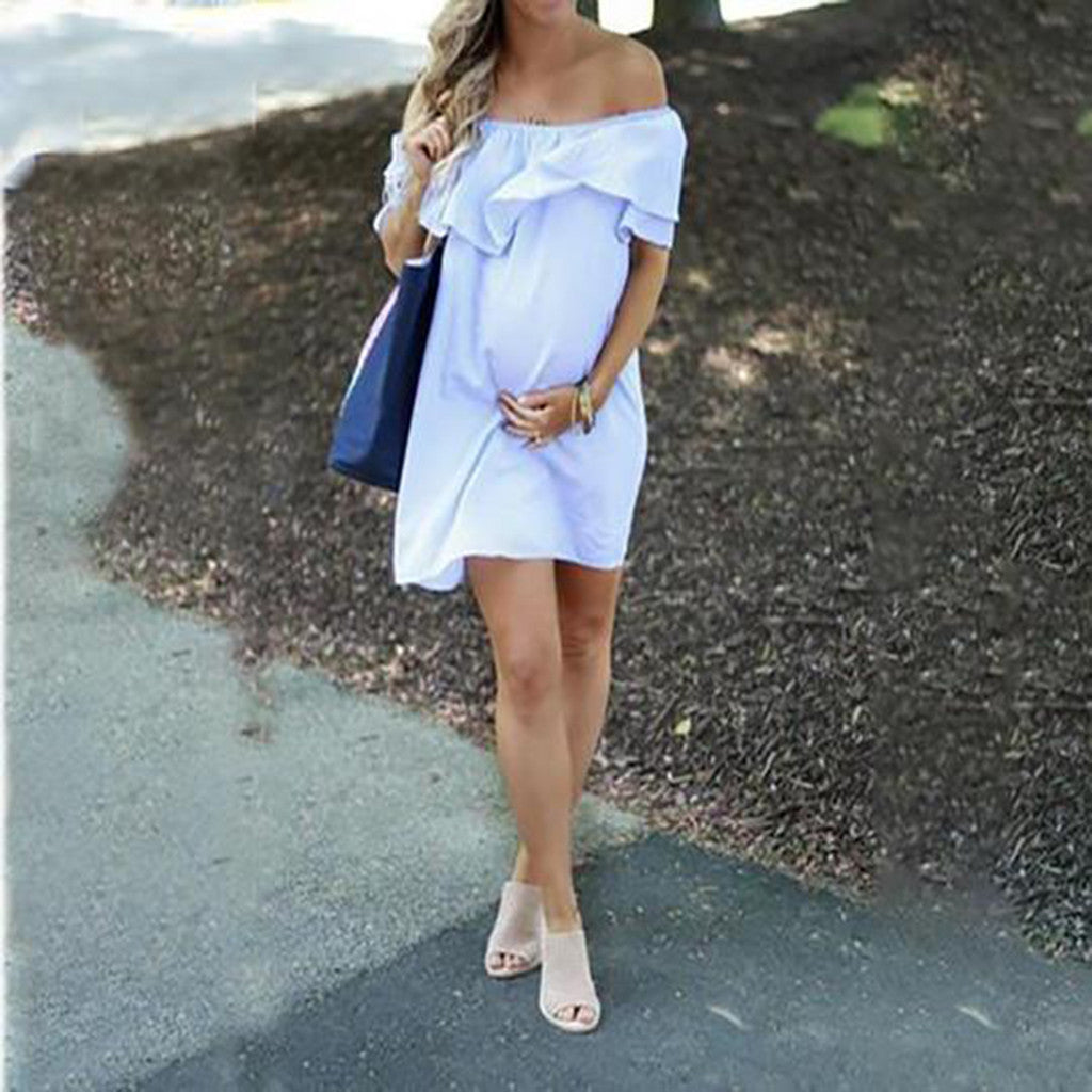 Flounce Shoulder Maternity Dress Casual Outfi