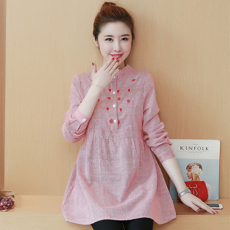Striped Embroidered Stand Collar Maternity Top Dress