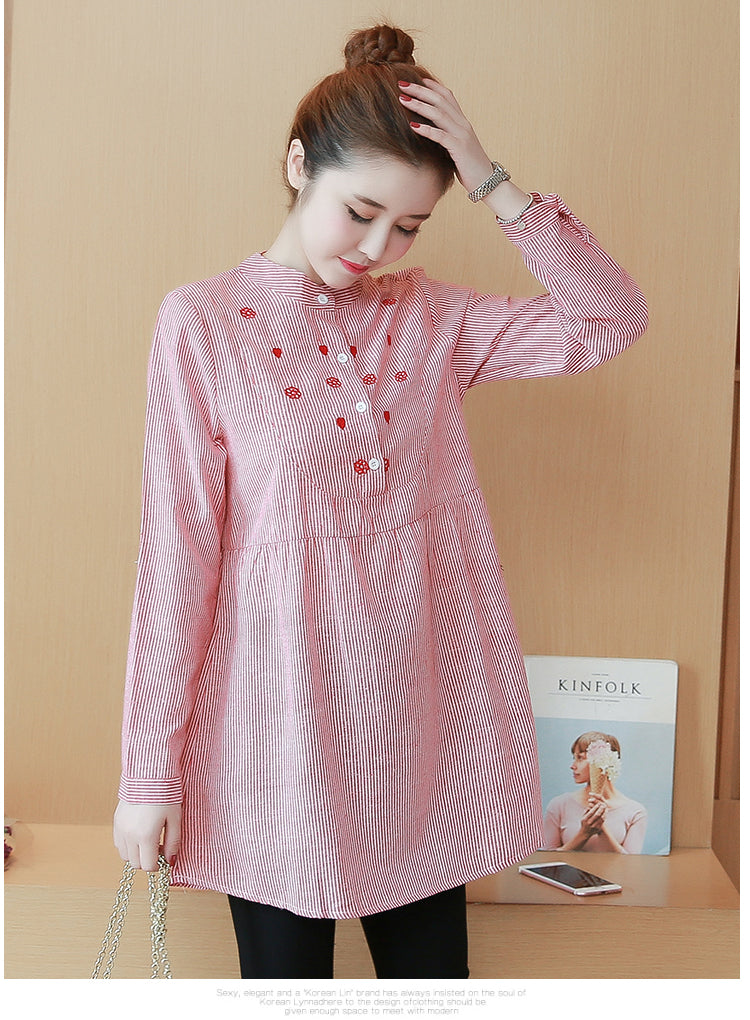 Striped Embroidered Stand Collar Maternity Top Dress