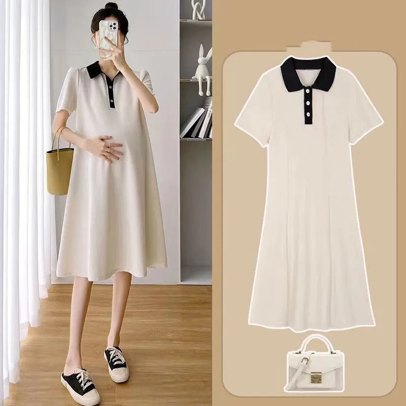 Summer Loose Polo Lapel Maternity Dress Casual Outfit